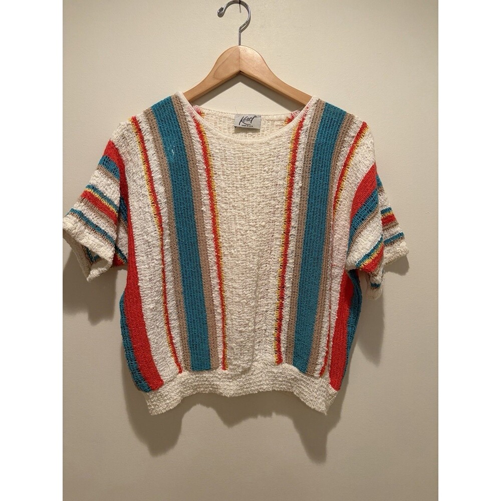 Vtg Koret 80s Womens Knit Striped Crop Top Sweater USA Sz S